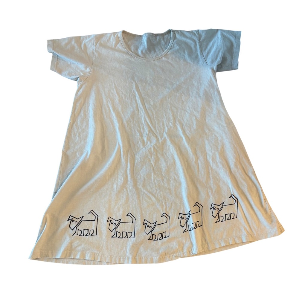 Vintage Style Cream Cotton T-Shirt Dress Dog Graphic Print A-Line Short Sleeve